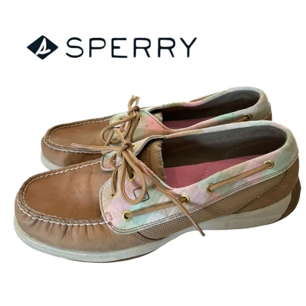 Sperry Top-Sider 91225  Women's Tan Leather Pastel Trim Boat Shoes Loafers 10